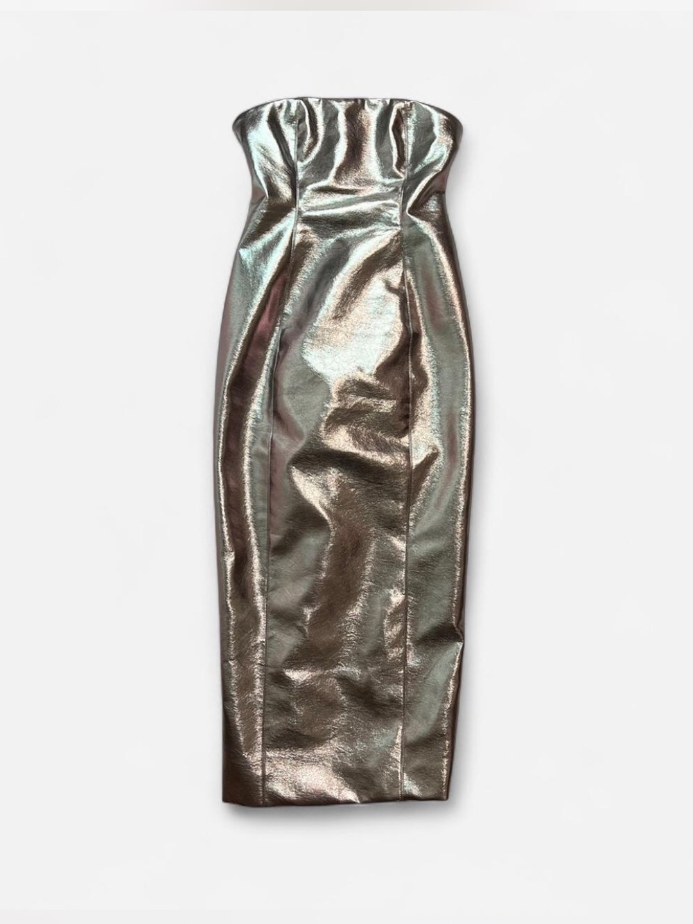 NEW🩶❤️ Metallic Pewter Silver Strapless Midi Dress Faux Leather Glam Sexy Party - Picture 5 of 9